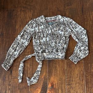 Anthropologie Black and Ecru Patterned Wrap Blouse